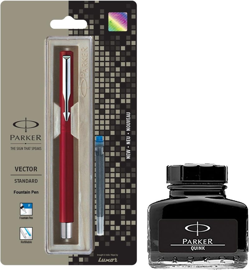 Parker Vector Standard CT Fountain Pen - Red + Quink Ink Bottle - Black (30ML) - Image 3
